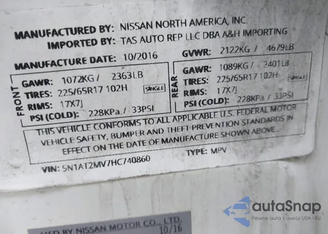 2017 Nissan Rogue S/Sl/Sv z USA, uszkodzony, nr VIN 5N1AT2MV7HC740860